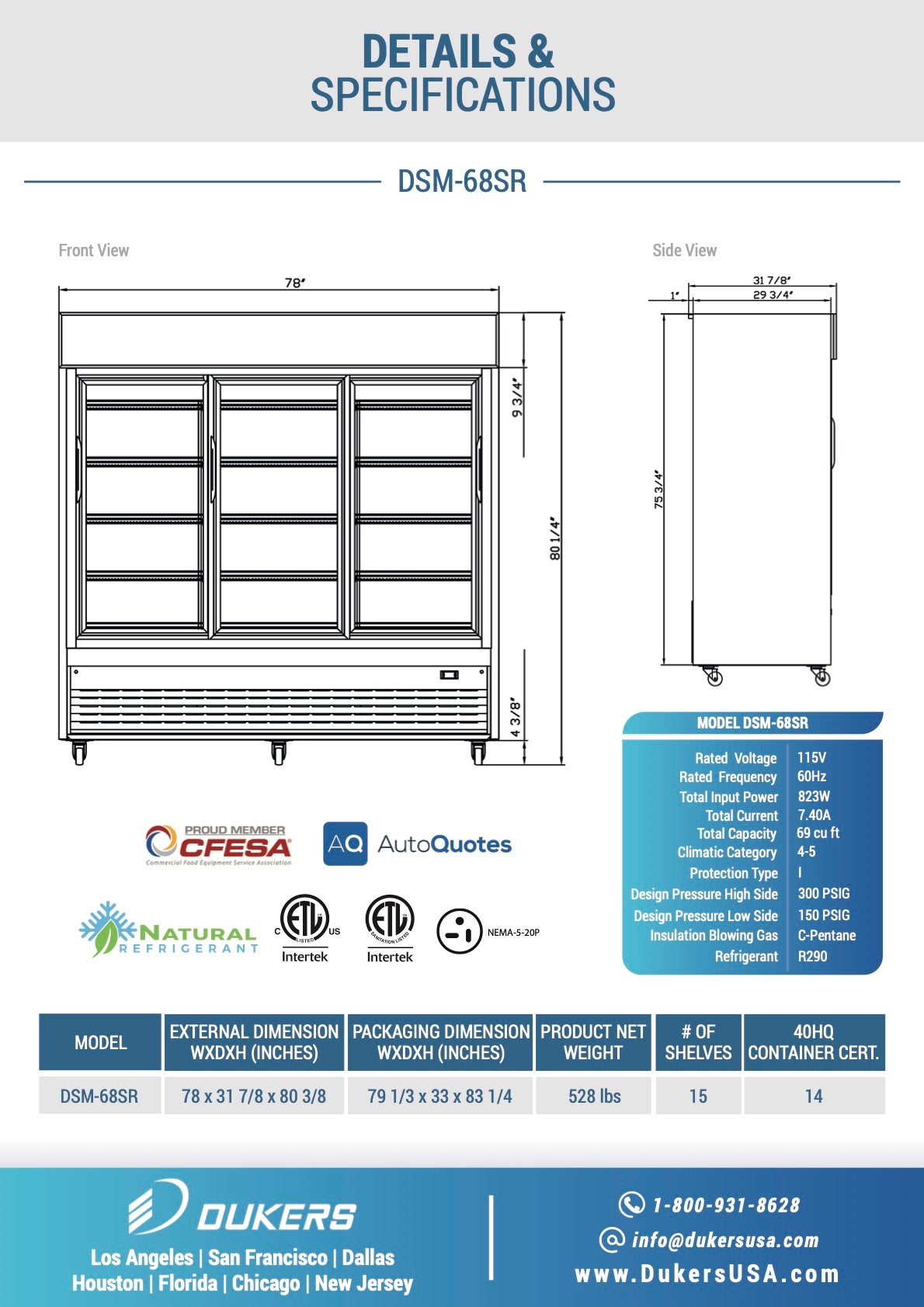 DSM-68SR Commercial Glass Sliding 3-Door Merchandiser Refrigerator