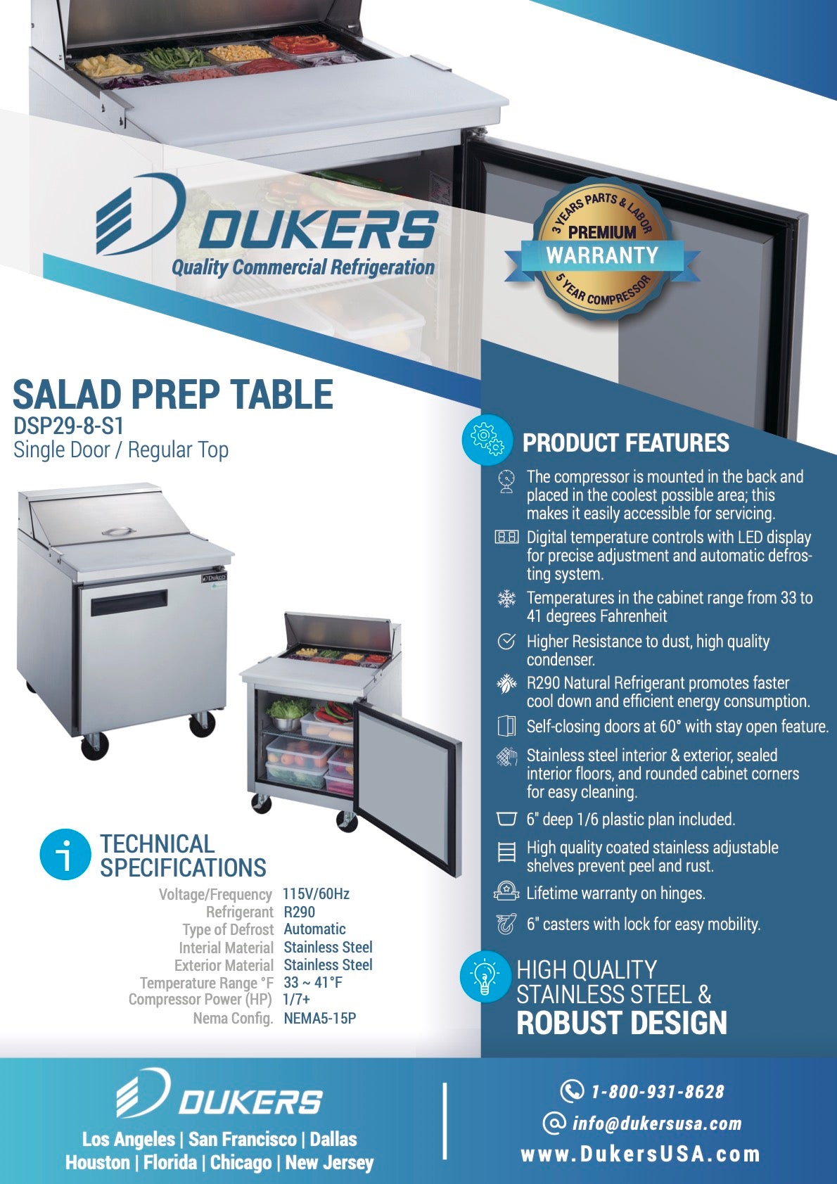 DSP29-8-S1 1-Door Commercial Food Prep Table Refrigerator in Stainless Steel