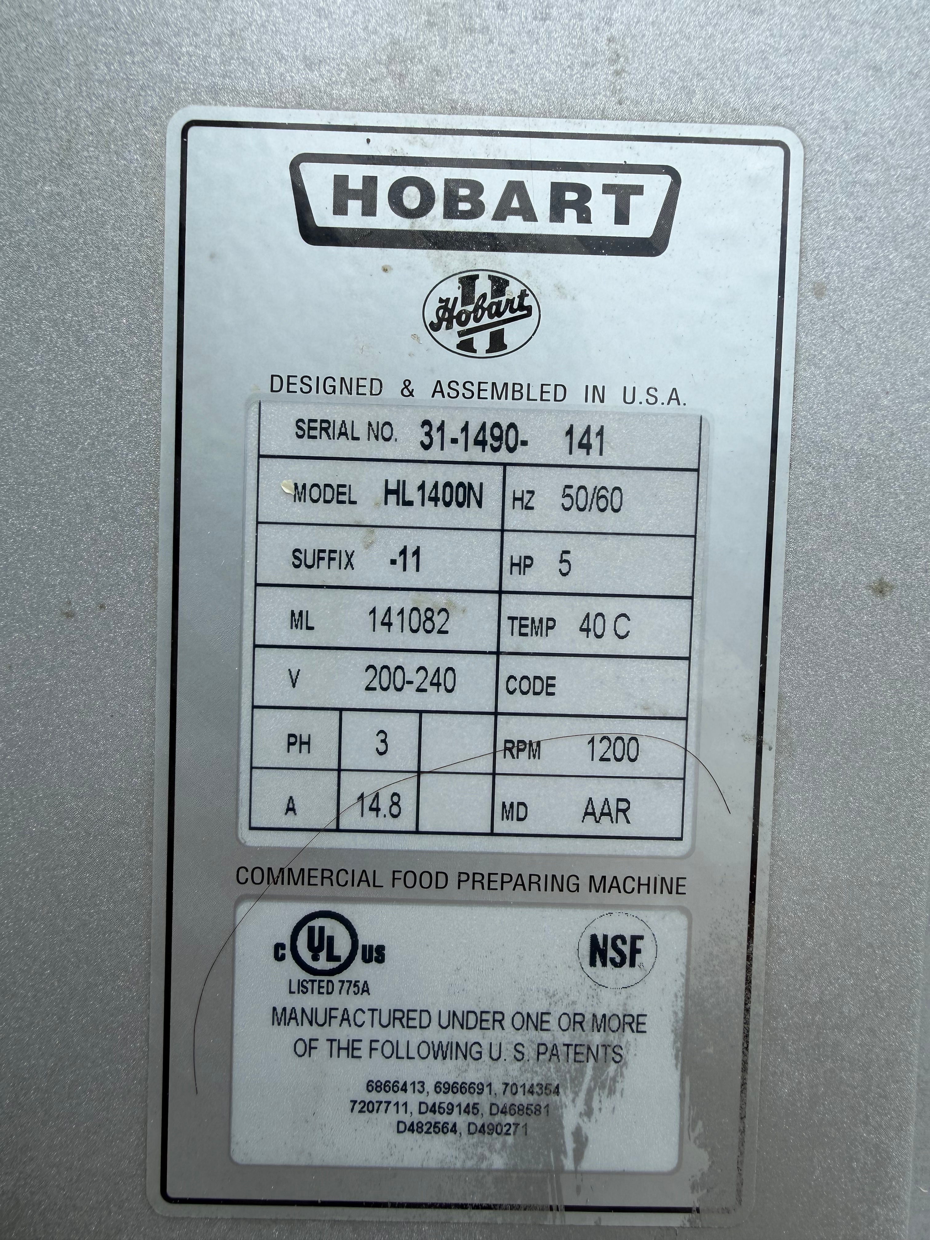 Hobart HL1400N mixer data plate showing 200-240V 3 phase 5 HP electrical specifications
