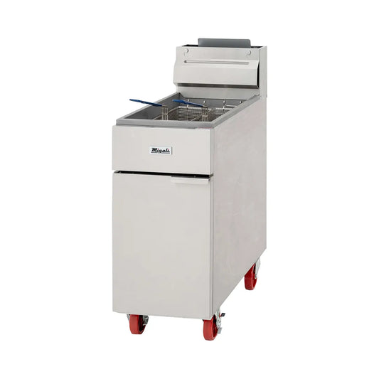 Migali C-F40-NG 15″ Floor Model Natural Gas Full Pot Fryer – 90,000 BTU (3 Burners)