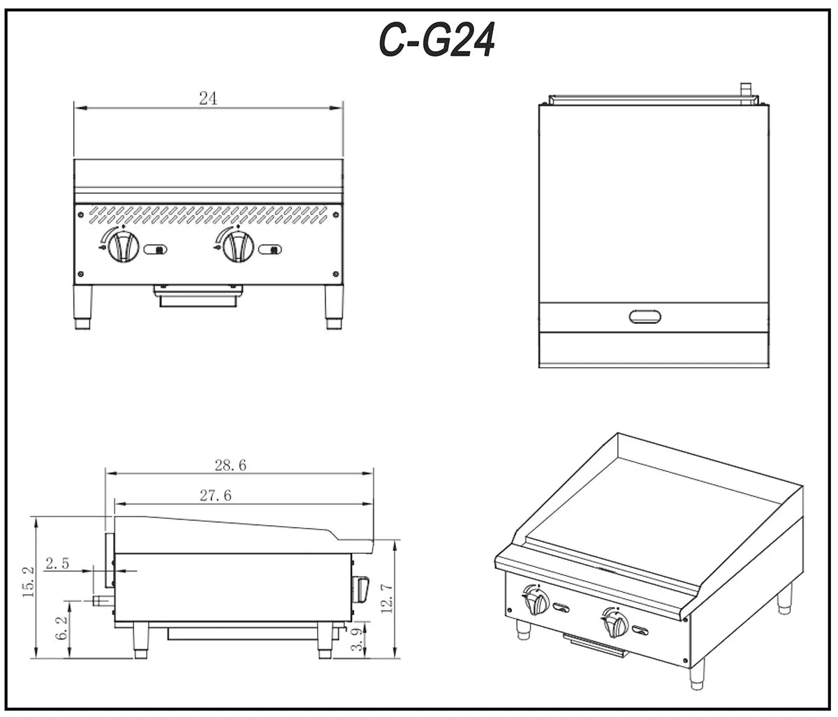 Migali C-G24 24" Countertop Manual Gas Griddle, 3/4" Smooth Steel Plate, 60.000 BTU