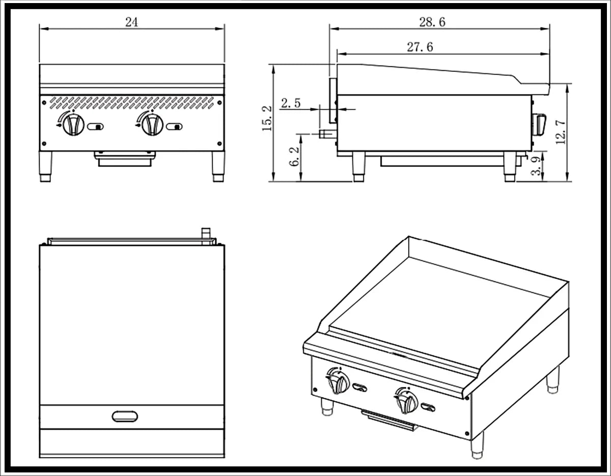 Migali C-G24T 24" Countertop Thermostatic Gas Griddle, 3/4" Smooth Steel Plate, 50.000 BTU
