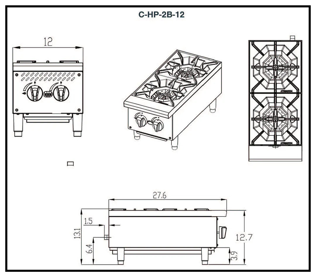 Migali C-HP-2B-12 12" Countertop Gas Hotplate w/ (2) Burners, Manual Controls, 50.000 BTU