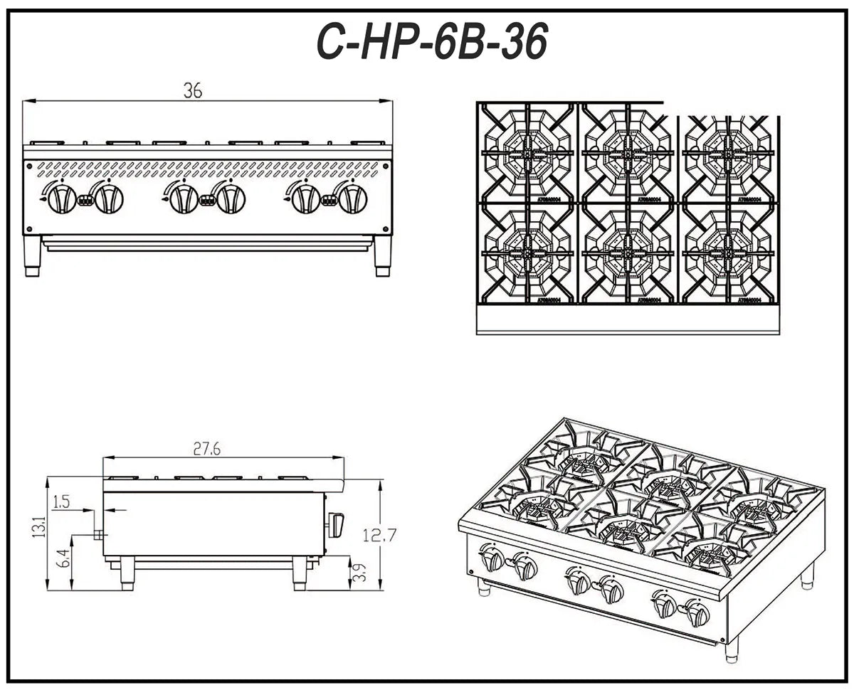 Migali C-HP-6B-36 36″ Gas Hotplate – 180,000 BTU (6 Burners)