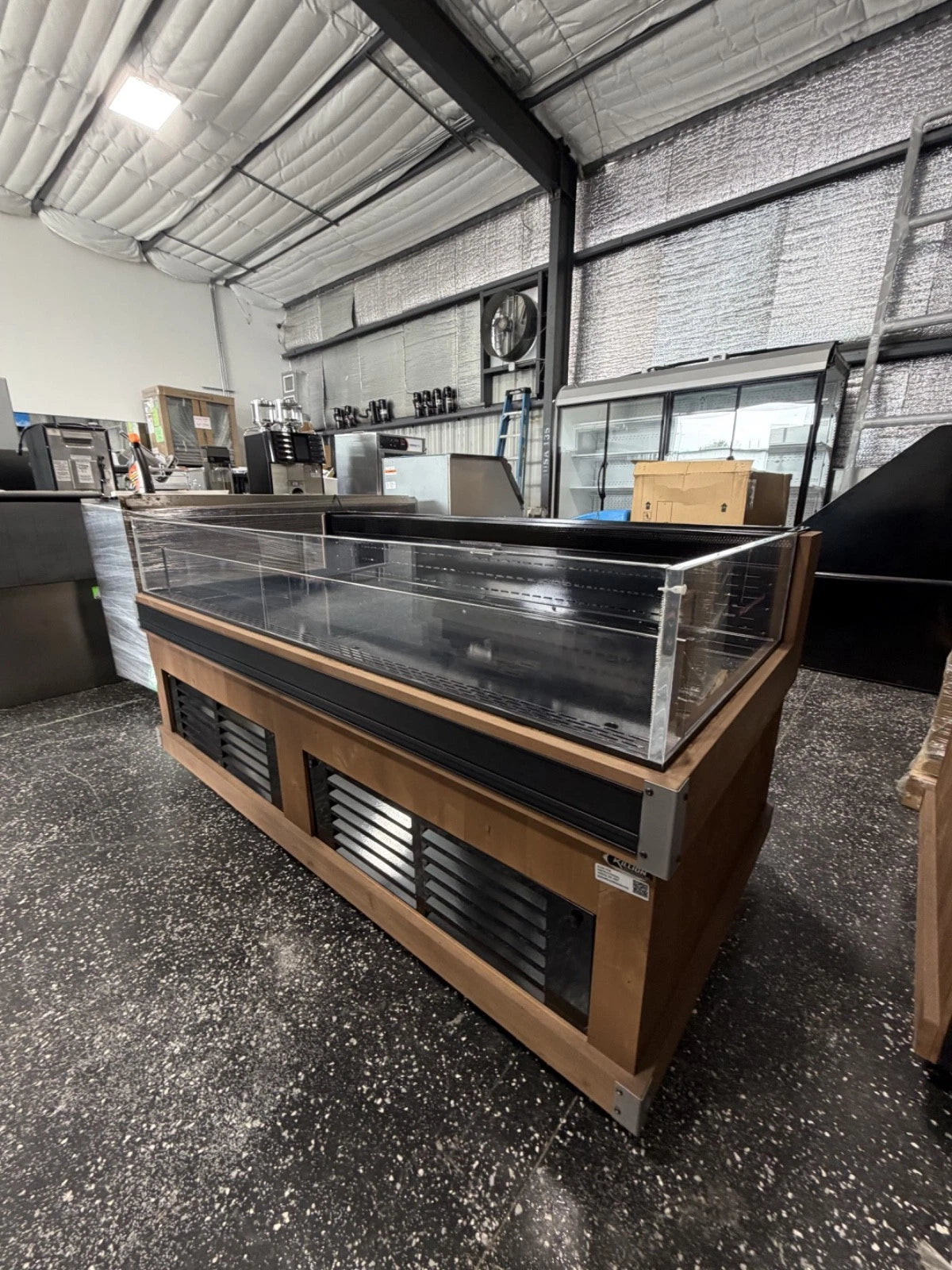 Never-installed Killion mobile refrigerated display case for supermarkets