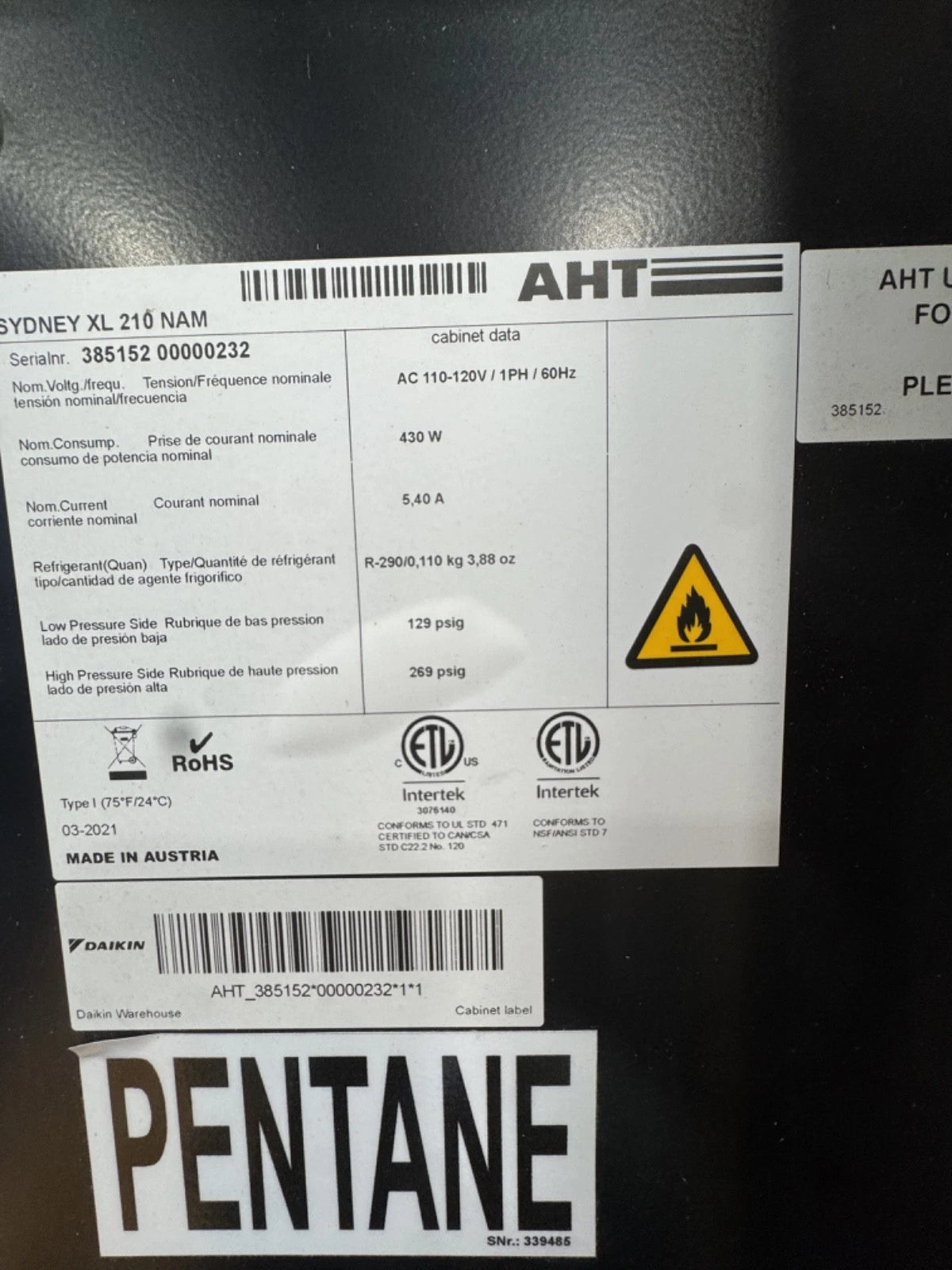 AHT Sydney XL 210 NAM data plate with 115V and R290 specifications