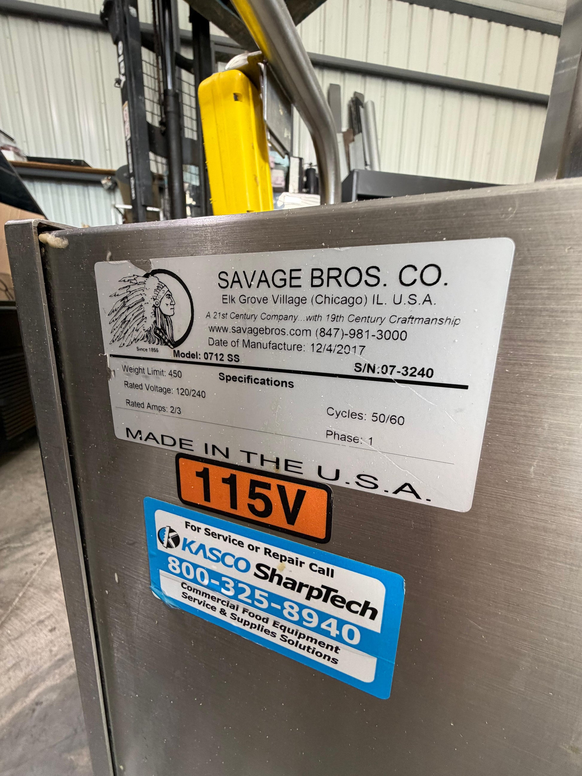 Savage Bros 0712SS model and electrical specification data plate