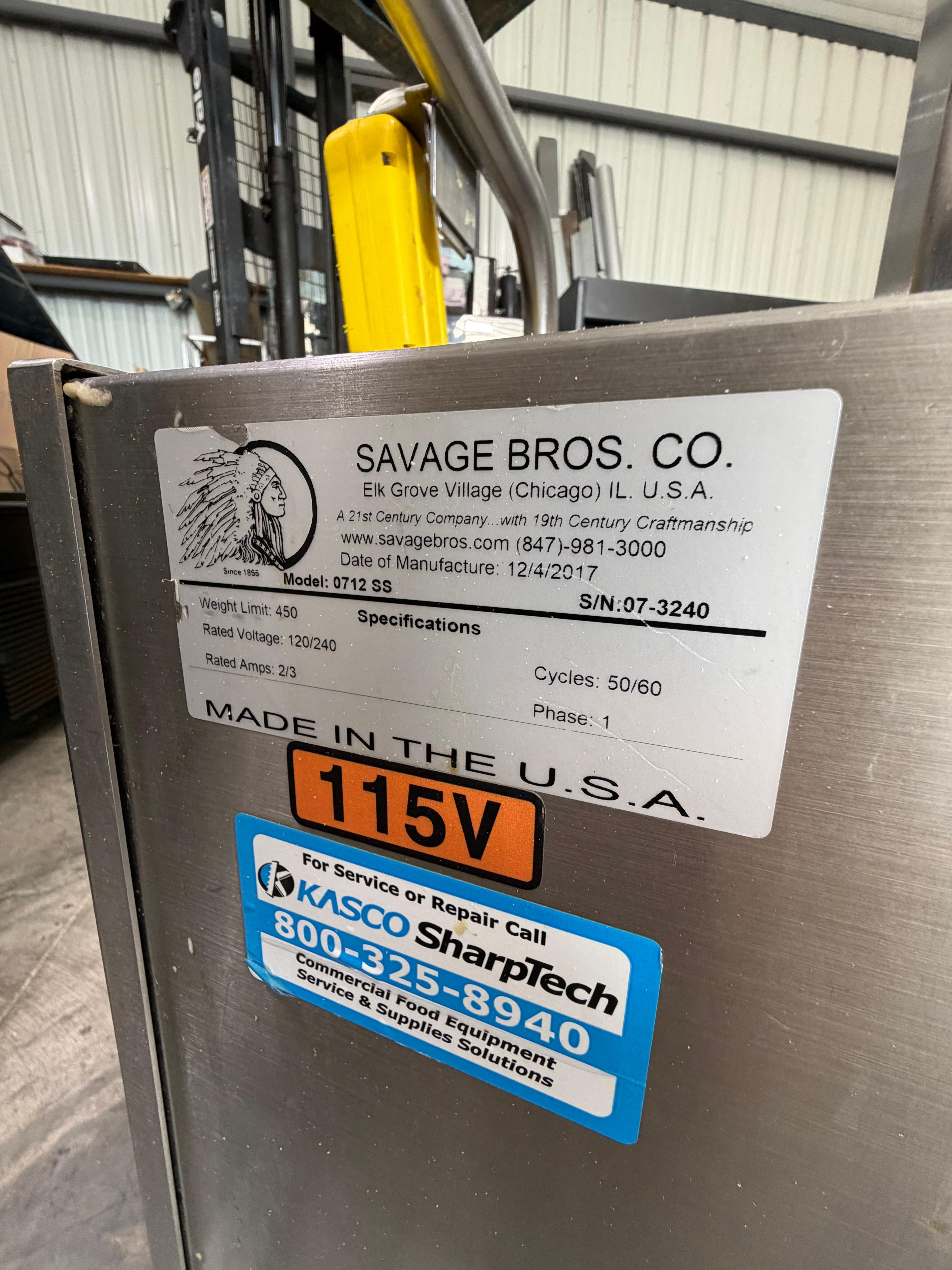 Savage Bros 0712SS model and electrical specification data plate
