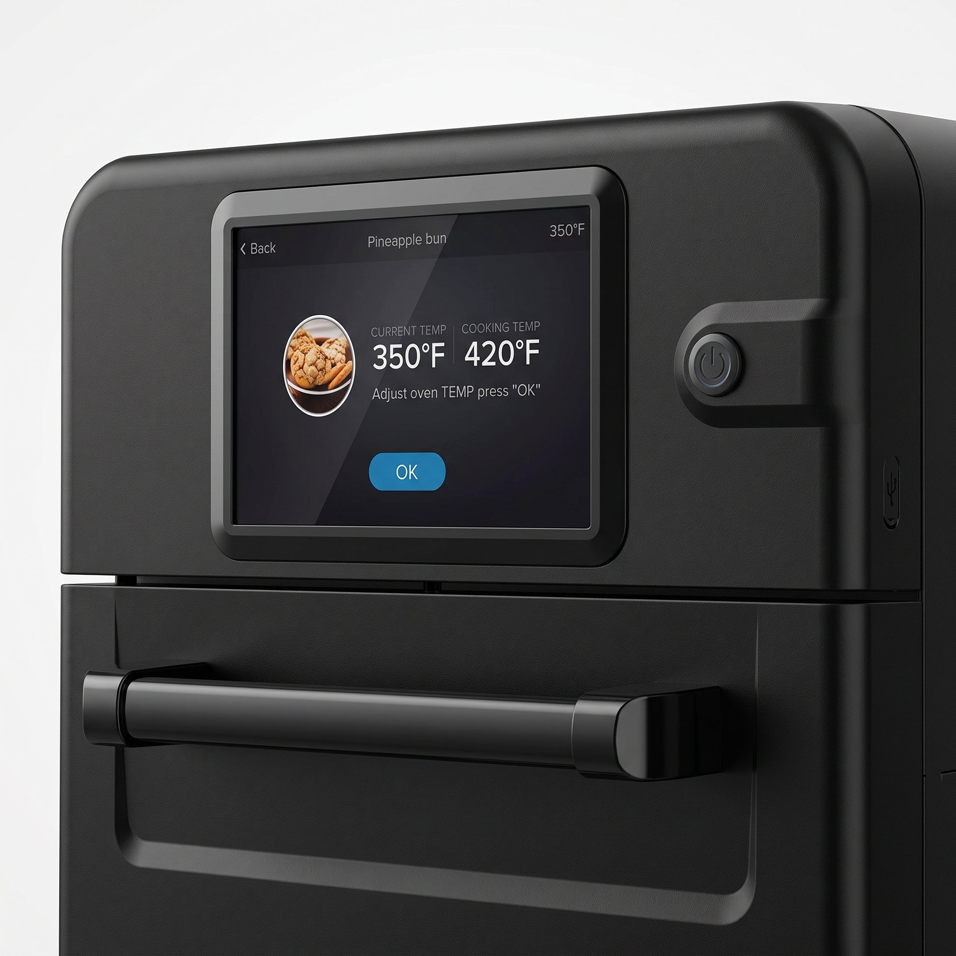 Close-up of the SWHSO-6KW 8-inch HD touchscreen showing current and cooking temperature, power button and USB port