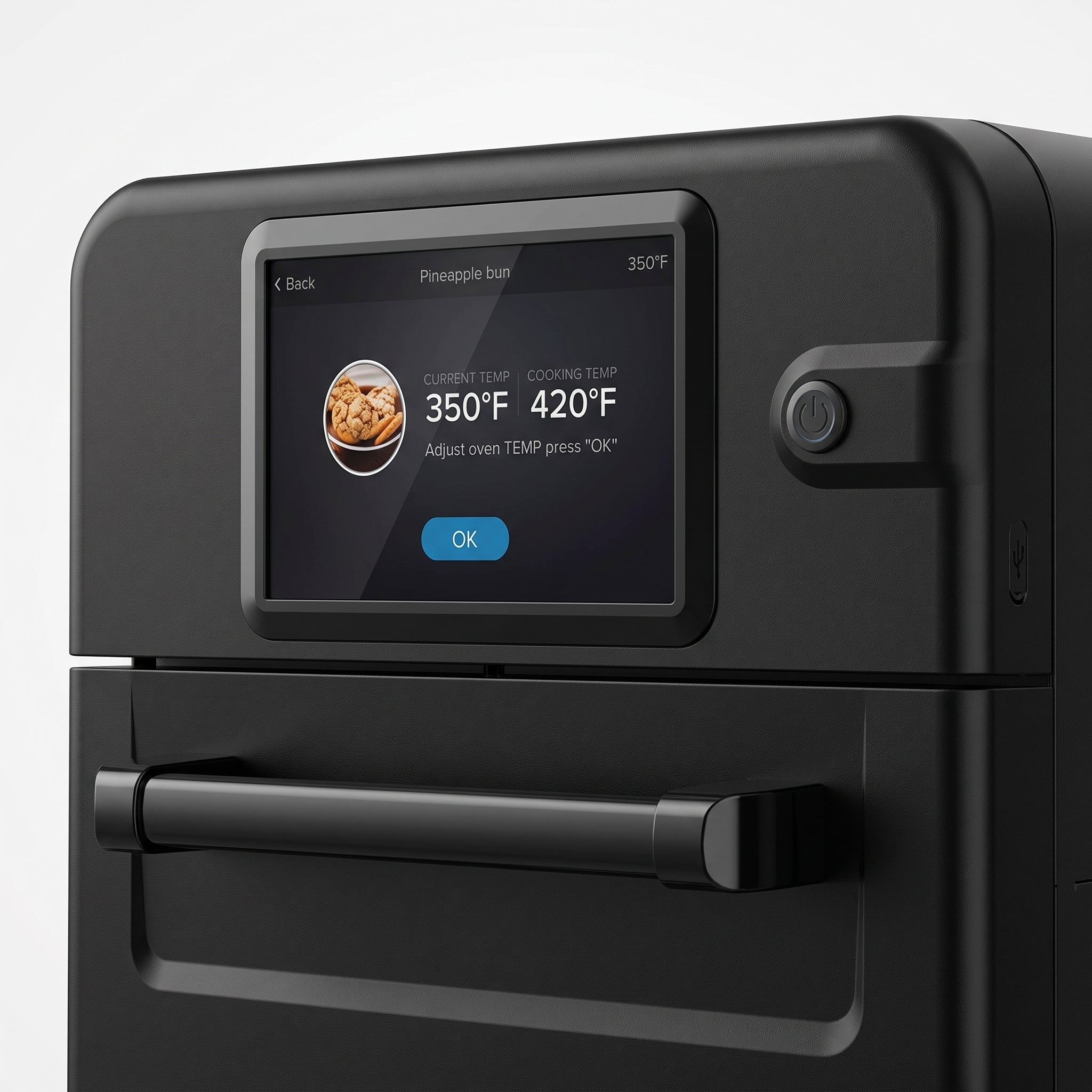Close-up of the SWHSO-6KW 8-inch HD touchscreen showing current and cooking temperature, power button and USB port