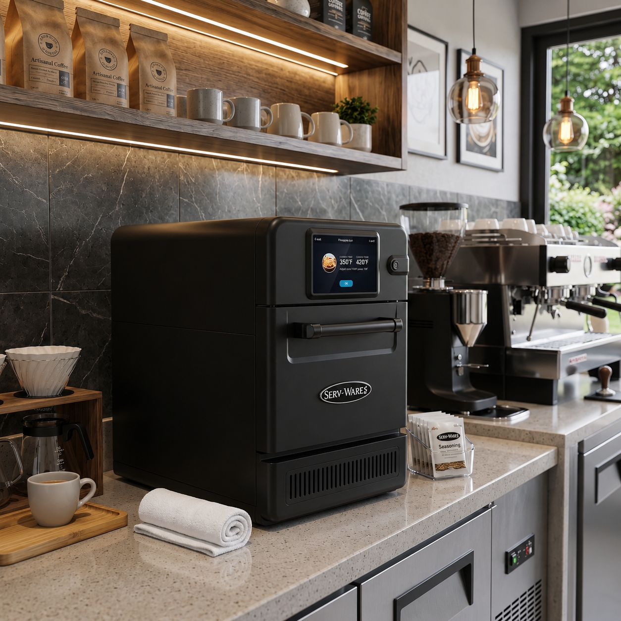 Serv-Ware SWHSO-6KW high speed oven on a coffee shop counter beside an espresso machine and grinder