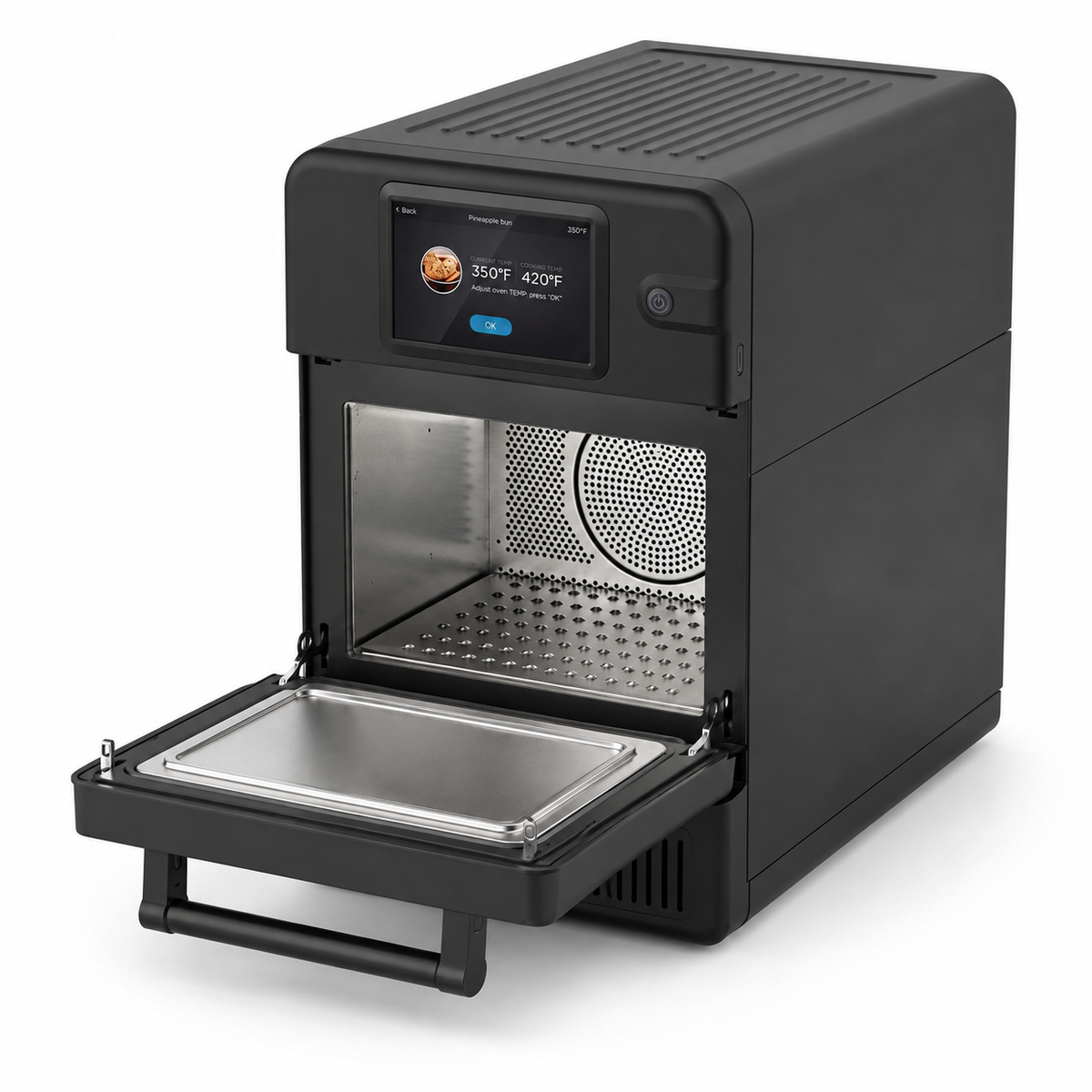 Angled view of the Serv-Ware SWHSO-6KW rapid cook oven with the door open, showing the stainless cavity interior and impingement plate