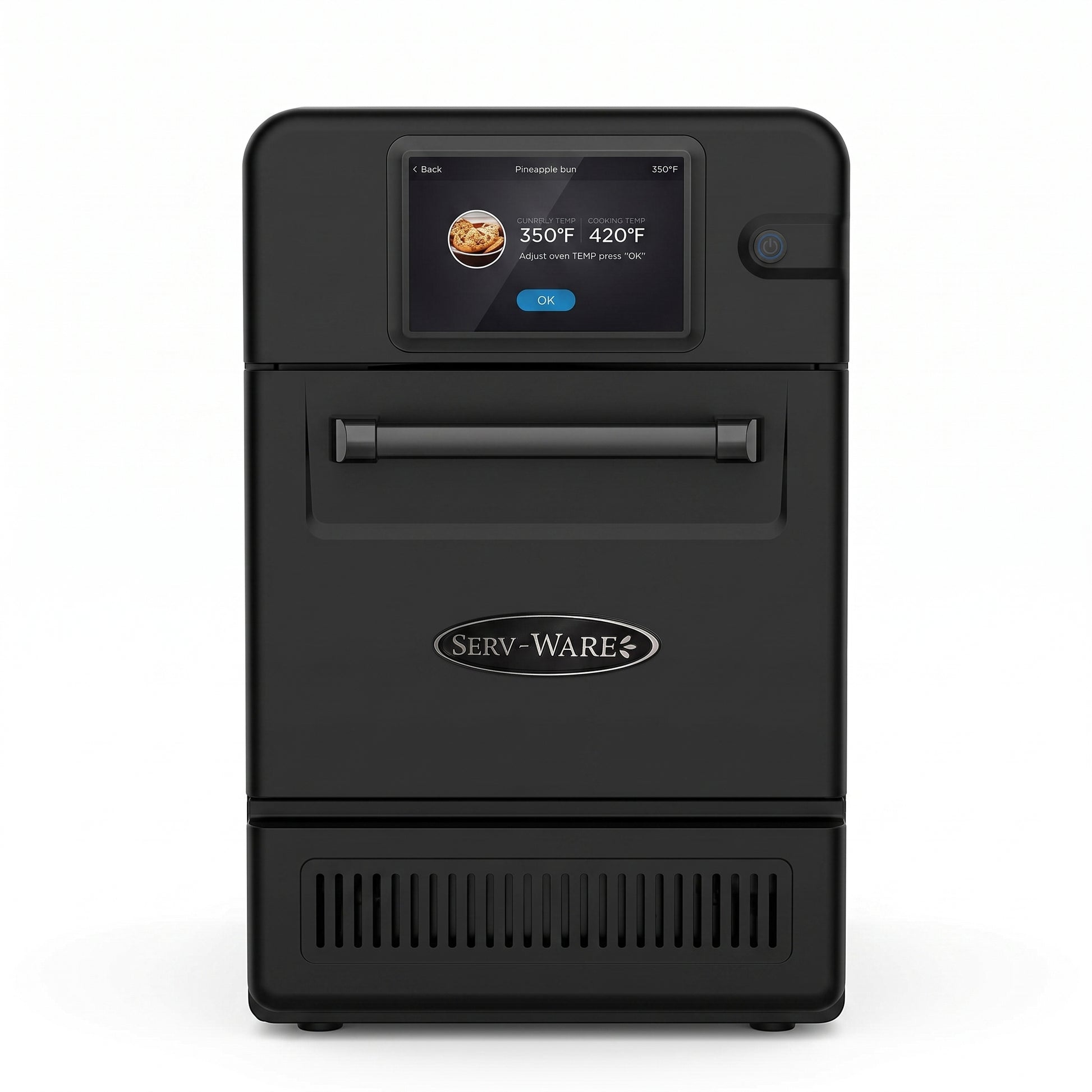 Front view of the black Serv-Ware SWHSO-6KW high speed oven with 8-inch touchscreen