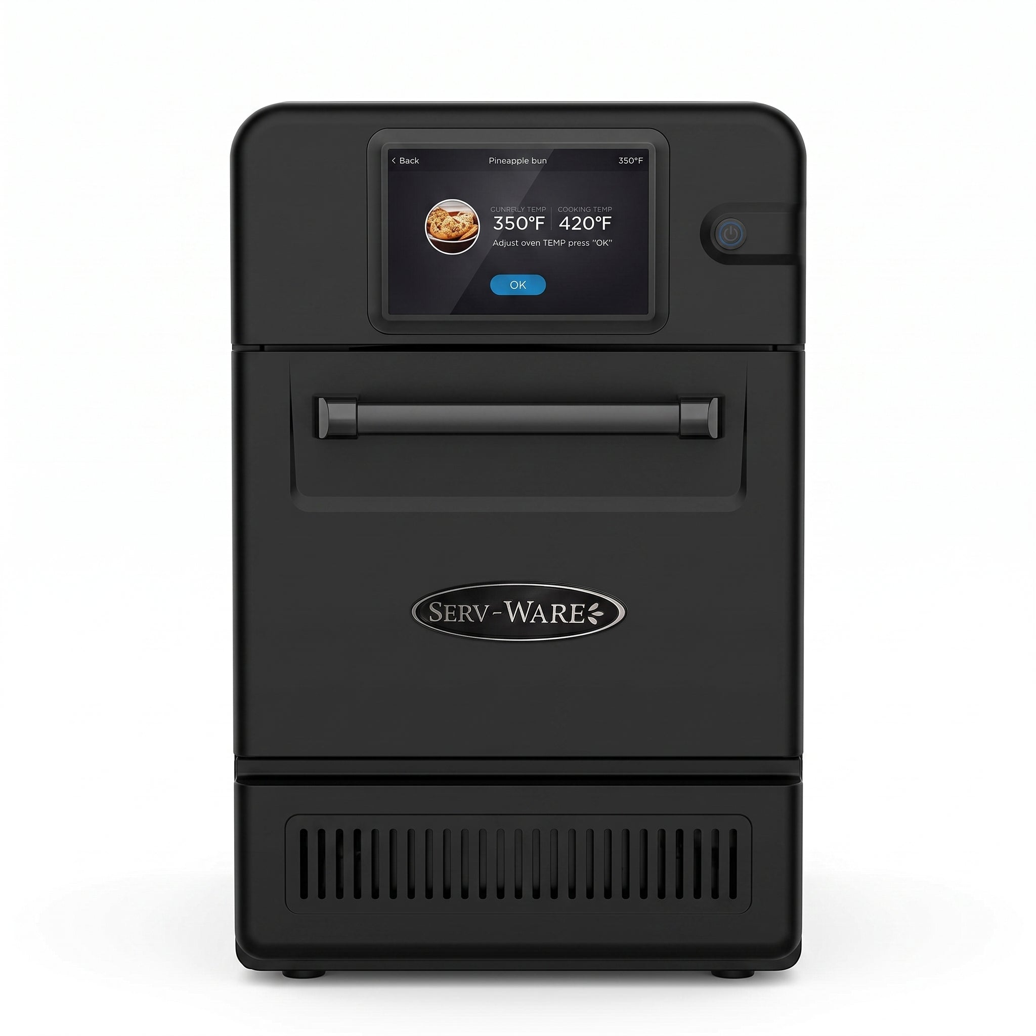 Front view of the black Serv-Ware SWHSO-6KW high speed oven with 8-inch touchscreen