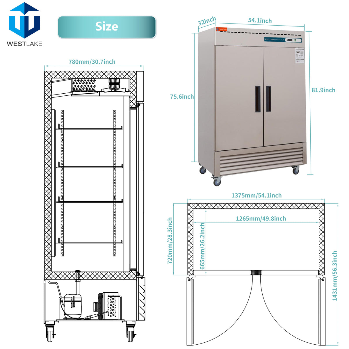 WESTLAKE Commercial Freezer 54" 2-Door 49 Cu.ft Stainless Steel | 3/4HP Embraco ETL Reach-In for Restaurant