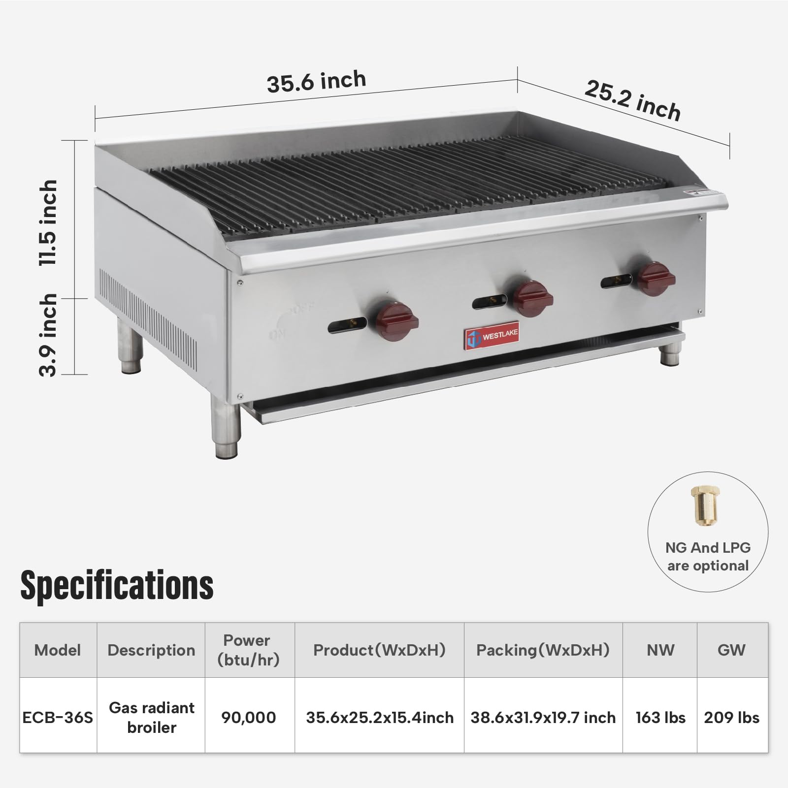 Commercial Charbroiler, WESTLAKE 36" Gas Countertop Radiant Charbroiler 3 Burner Char Broiler- 90,000 BTU