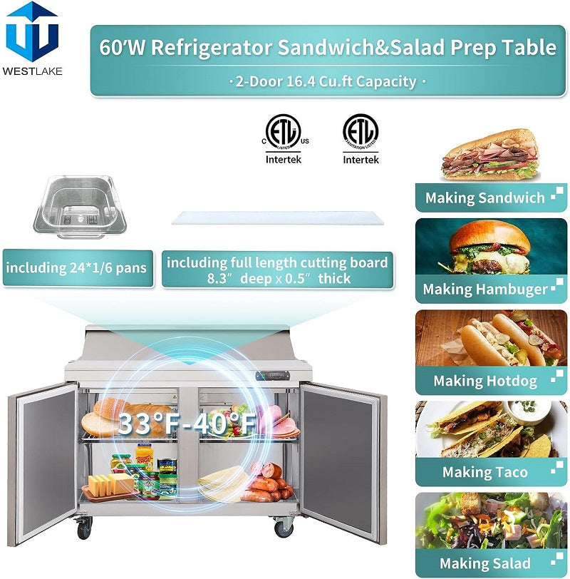 WESTLAKE Commercial Mega Top Prep Table 60" 2-Door 16.4 Cu.ft Stainless Steel | Cubigel ETL Sandwich Salad Refrigerator for Restaurant