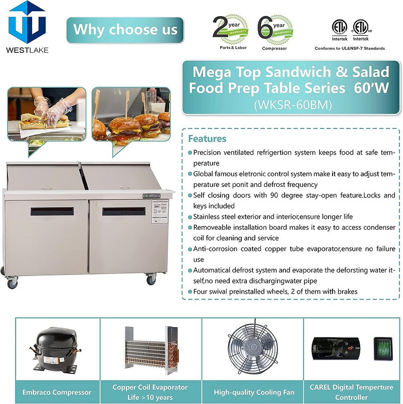 WESTLAKE Commercial Mega Top Prep Table 60" 2-Door 16.4 Cu.ft Stainless Steel | Cubigel ETL Sandwich Salad Refrigerator for Restaurant