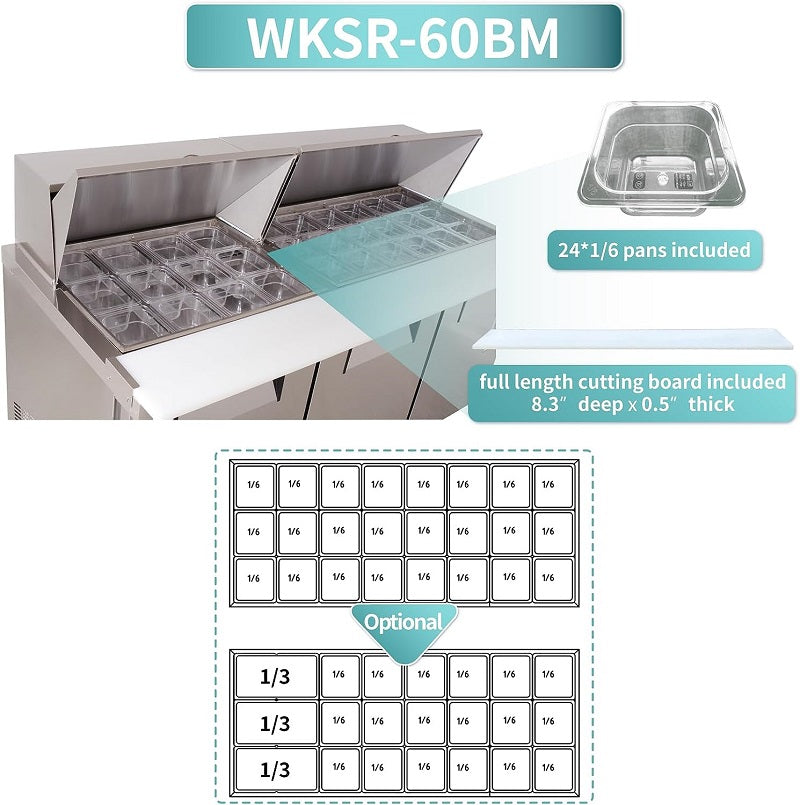 WESTLAKE Commercial Mega Top Prep Table 60" 2-Door 16.4 Cu.ft Stainless Steel | Cubigel ETL Sandwich Salad Refrigerator for Restaurant