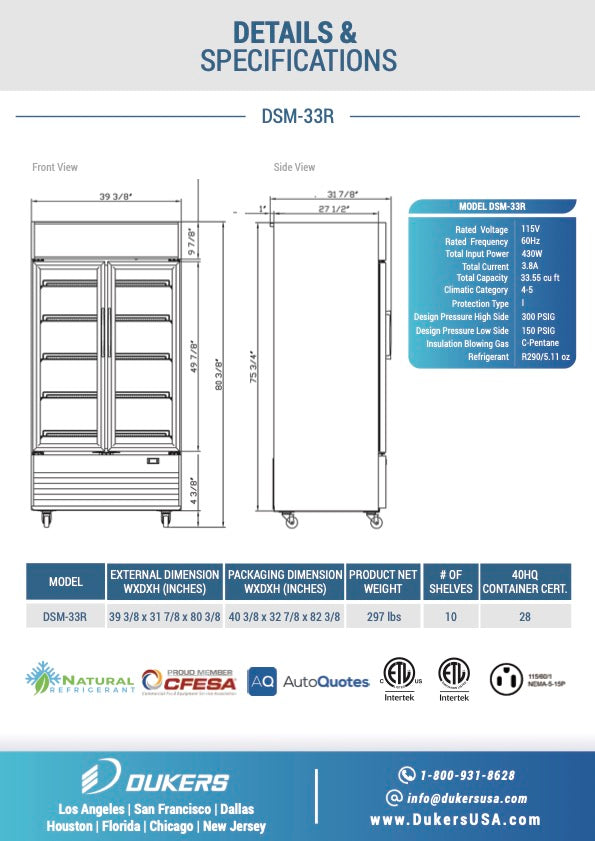 DSM-33R Commercial Glass Swing 2-Door Merchandiser Refrigerator